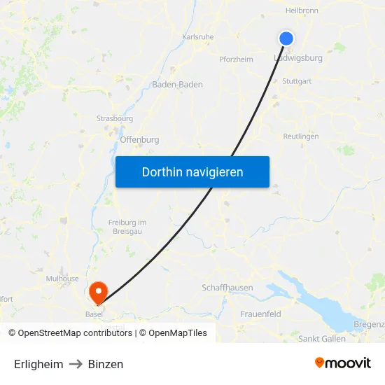 Erligheim to Binzen map