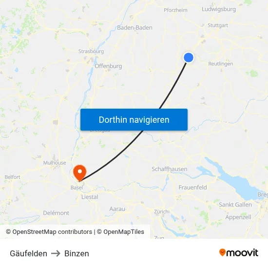 Gäufelden to Binzen map