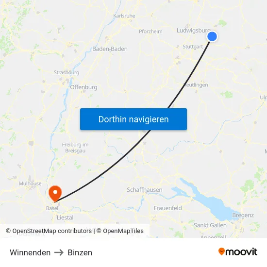 Winnenden to Binzen map