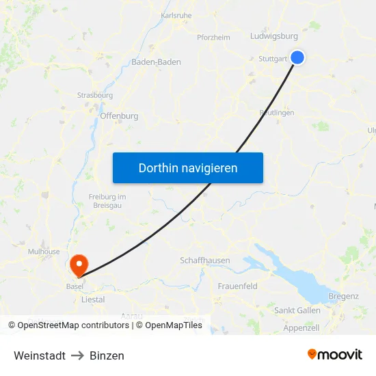 Weinstadt to Binzen map