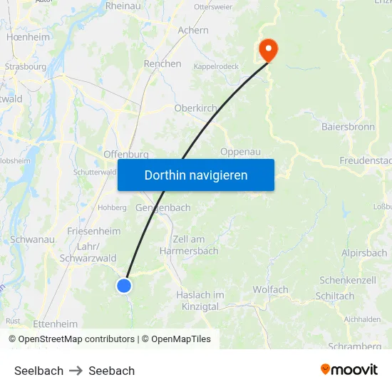 Seelbach to Seebach map