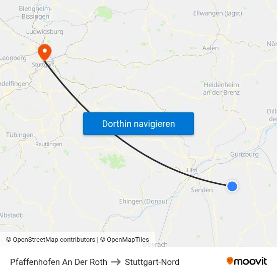 Pfaffenhofen An Der Roth to Stuttgart-Nord map