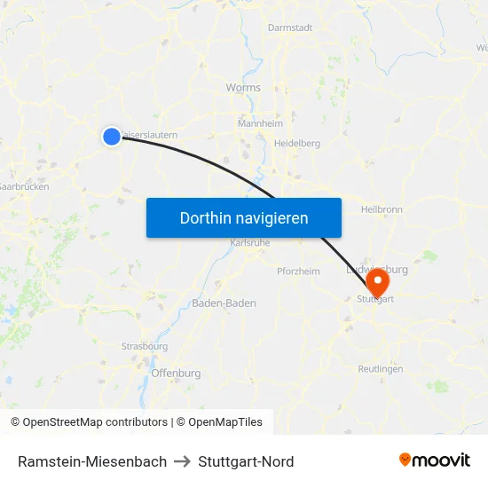 Ramstein-Miesenbach to Stuttgart-Nord map