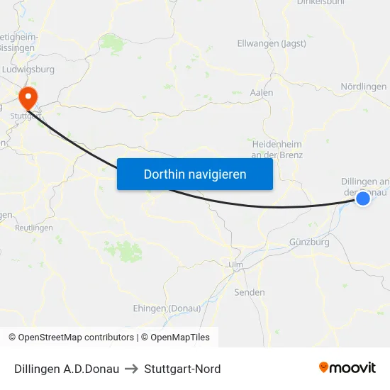 Dillingen A.D.Donau to Stuttgart-Nord map