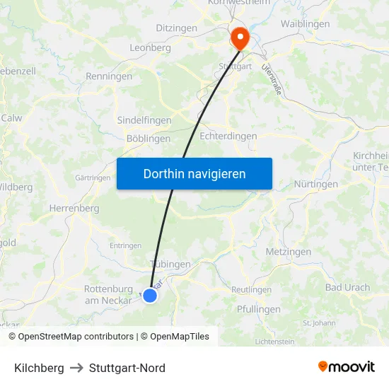 Kilchberg to Stuttgart-Nord map