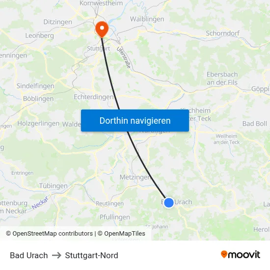 Bad Urach to Stuttgart-Nord map