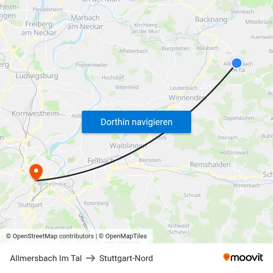 Allmersbach Im Tal to Stuttgart-Nord map