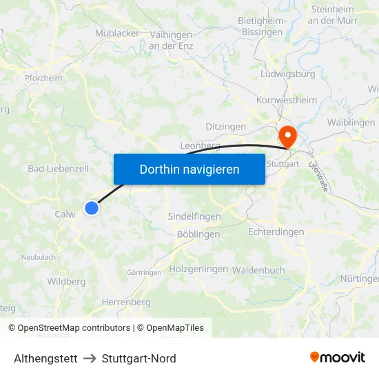 Althengstett to Stuttgart-Nord map