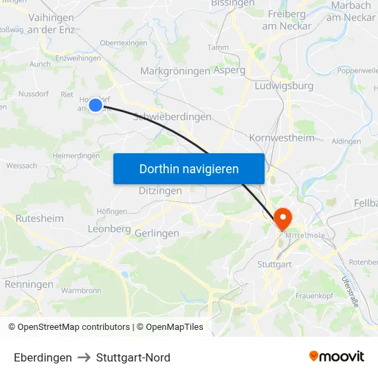 Eberdingen to Stuttgart-Nord map