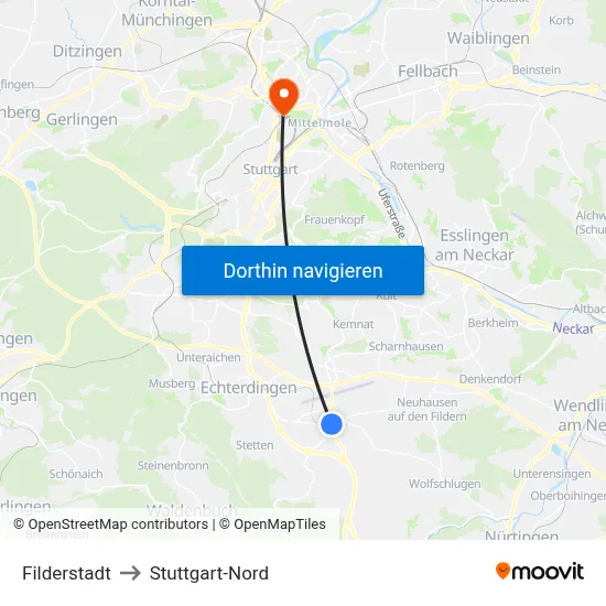Filderstadt to Stuttgart-Nord map