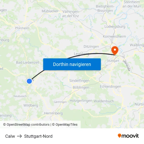 Calw to Stuttgart-Nord map
