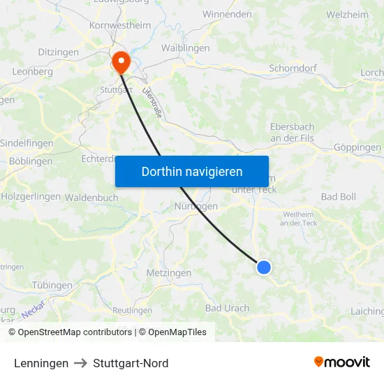 Lenningen to Stuttgart-Nord map