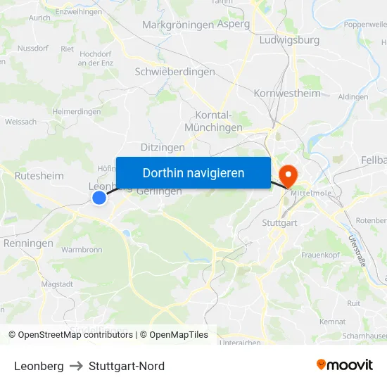 Leonberg to Stuttgart-Nord map