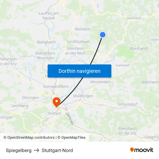 Spiegelberg to Stuttgart-Nord map