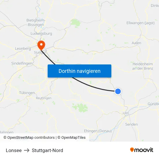 Lonsee to Stuttgart-Nord map