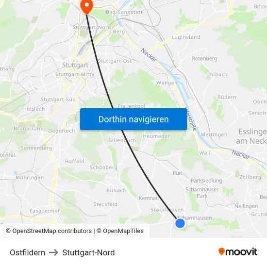 Ostfildern to Stuttgart-Nord map