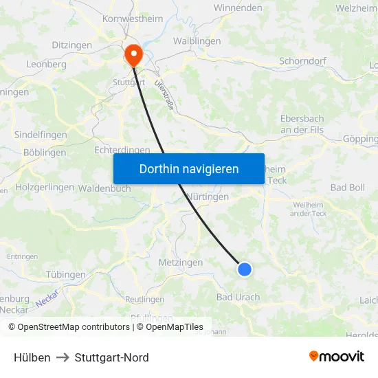 Hülben to Stuttgart-Nord map