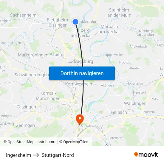 Ingersheim to Stuttgart-Nord map