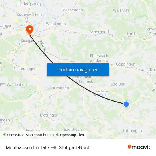 Mühlhausen Im Täle to Stuttgart-Nord map