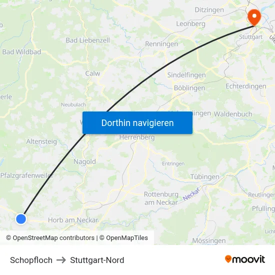Schopfloch to Stuttgart-Nord map