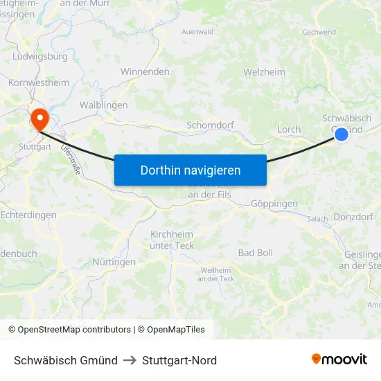 Schwäbisch Gmünd to Stuttgart-Nord map