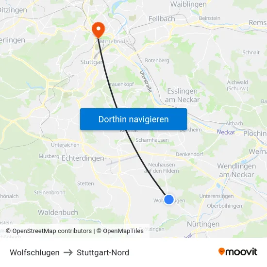 Wolfschlugen to Stuttgart-Nord map