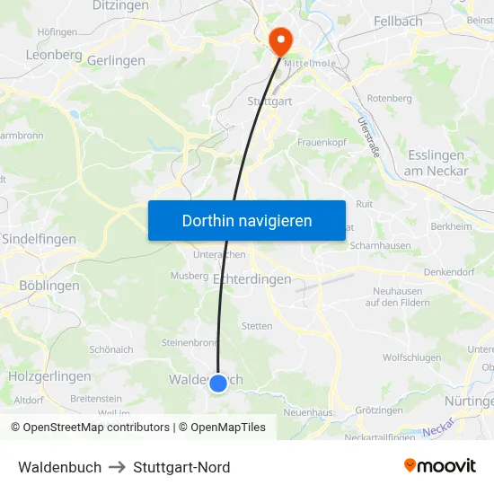 Waldenbuch to Stuttgart-Nord map