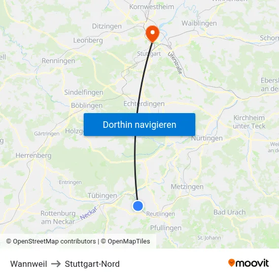 Wannweil to Stuttgart-Nord map