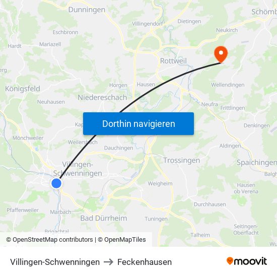 Villingen-Schwenningen to Feckenhausen map
