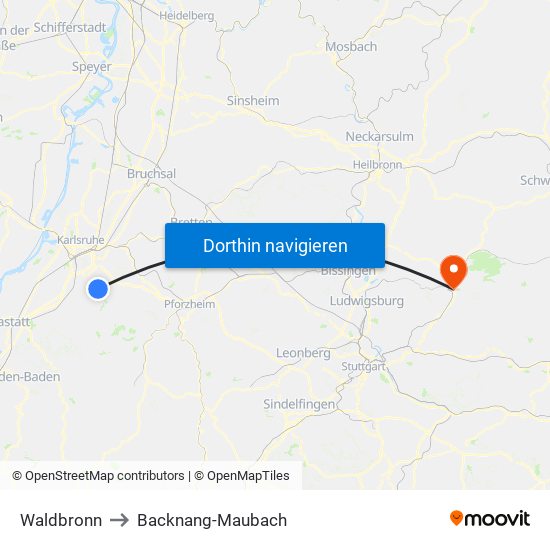 Waldbronn to Backnang-Maubach map