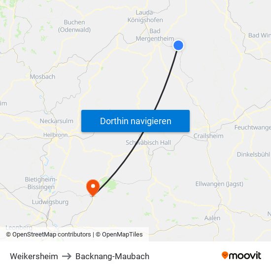 Weikersheim to Backnang-Maubach map