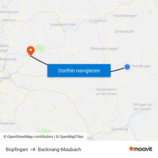 Bopfingen to Backnang-Maubach map