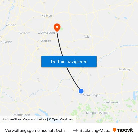 Verwaltungsgemeinschaft Ochsenhausen to Backnang-Maubach map