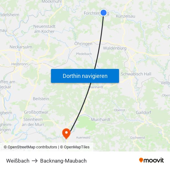 Weißbach to Backnang-Maubach map