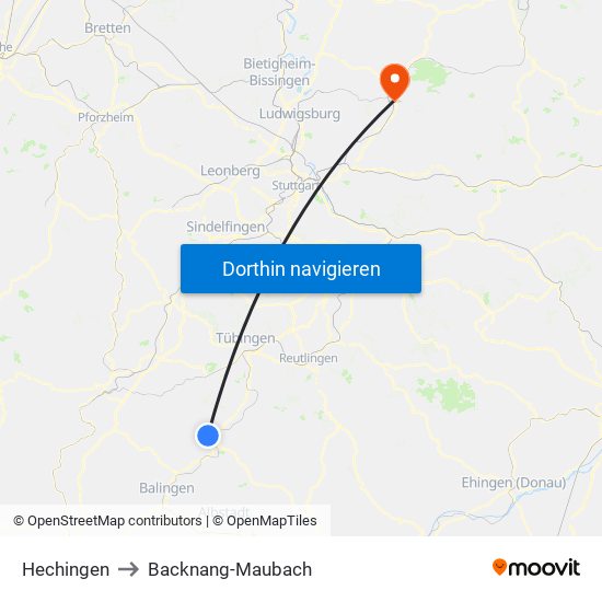 Hechingen to Backnang-Maubach map