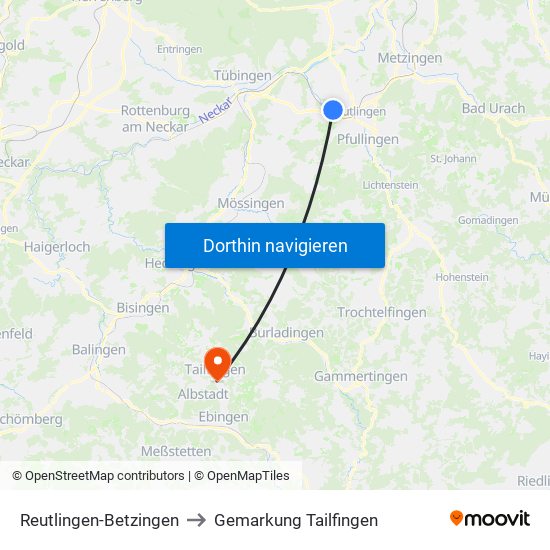 Reutlingen-Betzingen to Gemarkung Tailfingen map