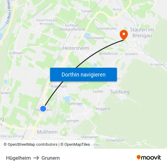Hügelheim to Grunern map