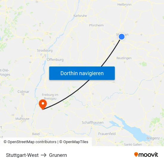 Stuttgart-West to Grunern map