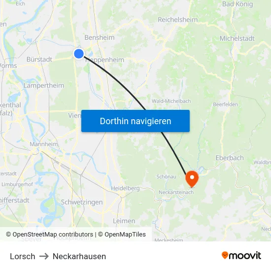 Lorsch to Neckarhausen map