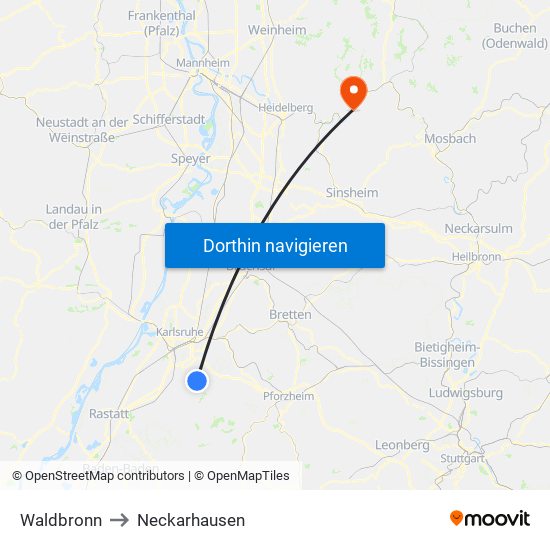 Waldbronn to Neckarhausen map
