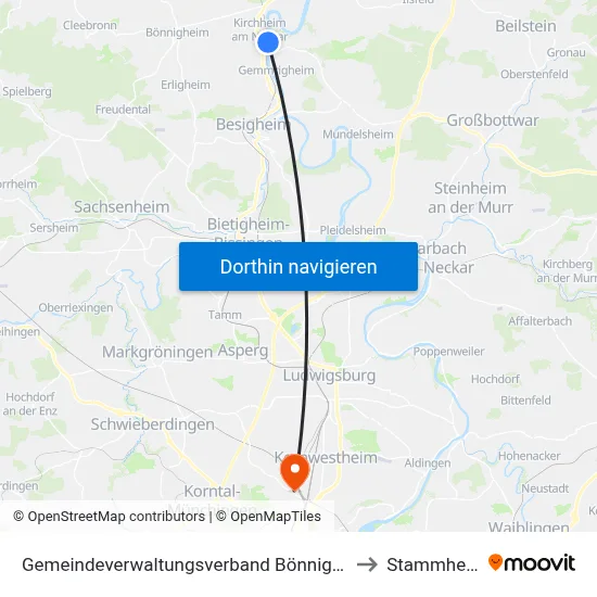 Gemeindeverwaltungsverband Bönnigheim to Stammheim map