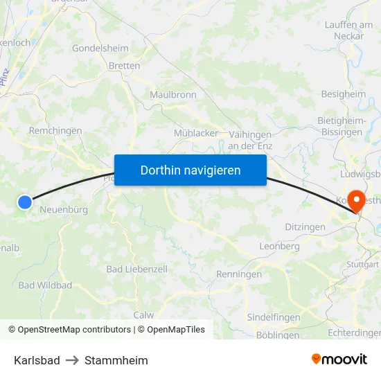 Karlsbad to Stammheim map