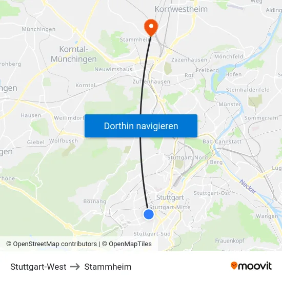 Stuttgart-West to Stammheim map