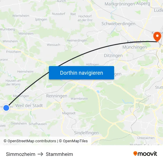 Simmozheim to Stammheim map