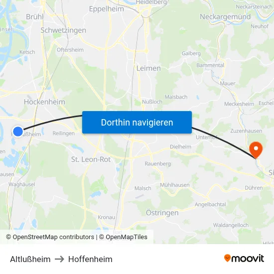Altlußheim to Hoffenheim map