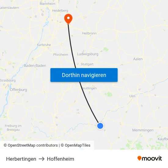 Herbertingen to Hoffenheim map