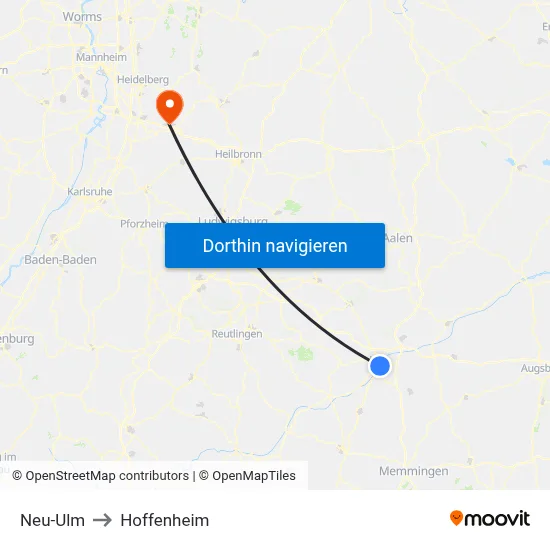 Neu-Ulm to Hoffenheim map