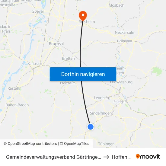Gemeindeverwaltungsverband Gärtringen/Ehningen to Hoffenheim map