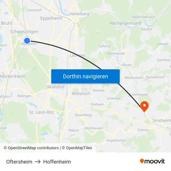 Oftersheim to Hoffenheim map