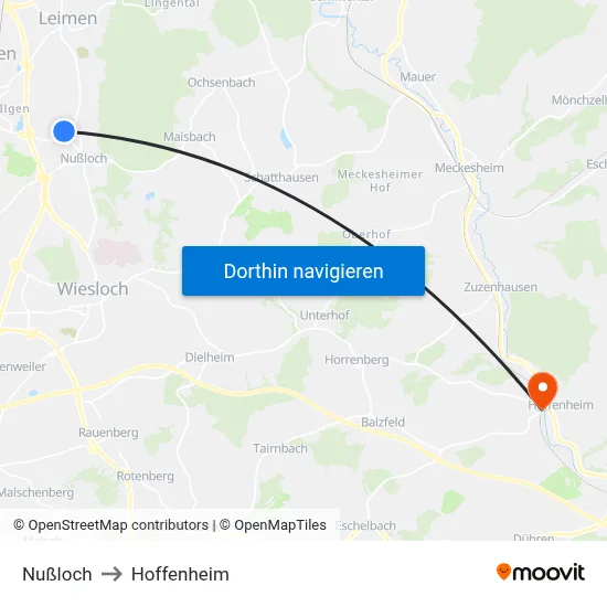Nußloch to Hoffenheim map